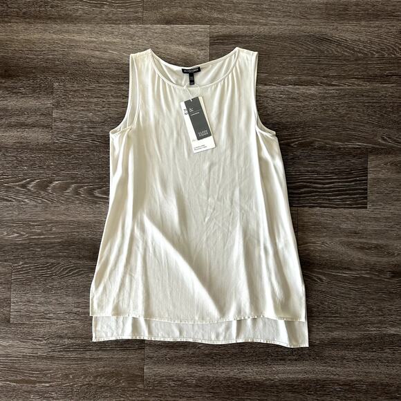 Eileen Fisher 100% Silk Georgette Crêpe Long Shell Bone Bateau Neck Top S Petite - Picture 2 of 16